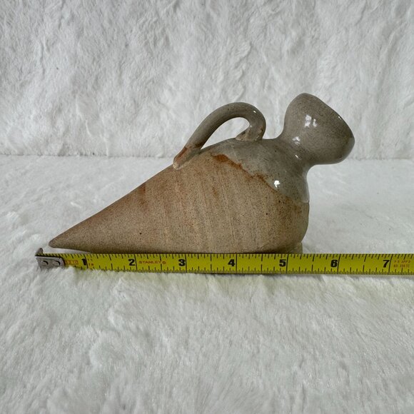 Vintage Handcrafted Ceramic Amphora Style Vase Handle Tripod Base Beige & Gray - Picture 8 of 9